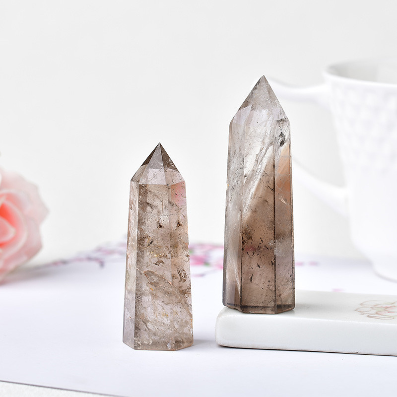 High quality crystal healing stone natural reiki black white fireworks tea crystal point tower bulk for fengshui