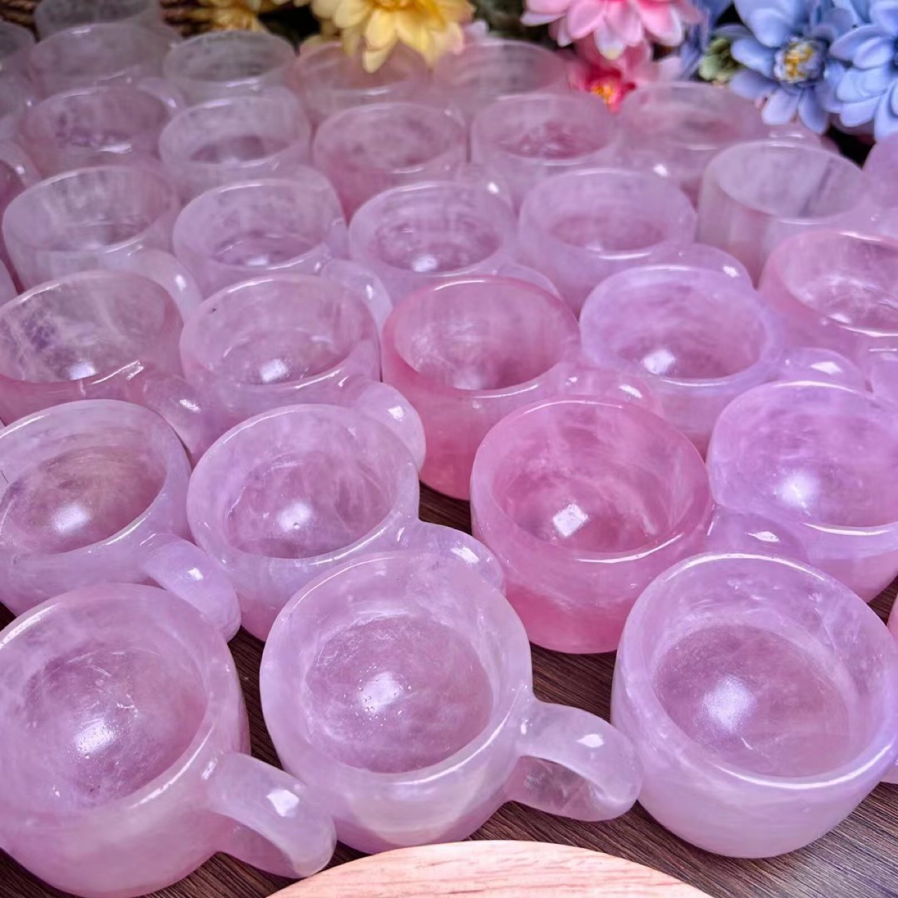 Wholesale natural healing rose quartz crystal polishing reiki gemstone mini hand carving rose crystal cup set folk crafts