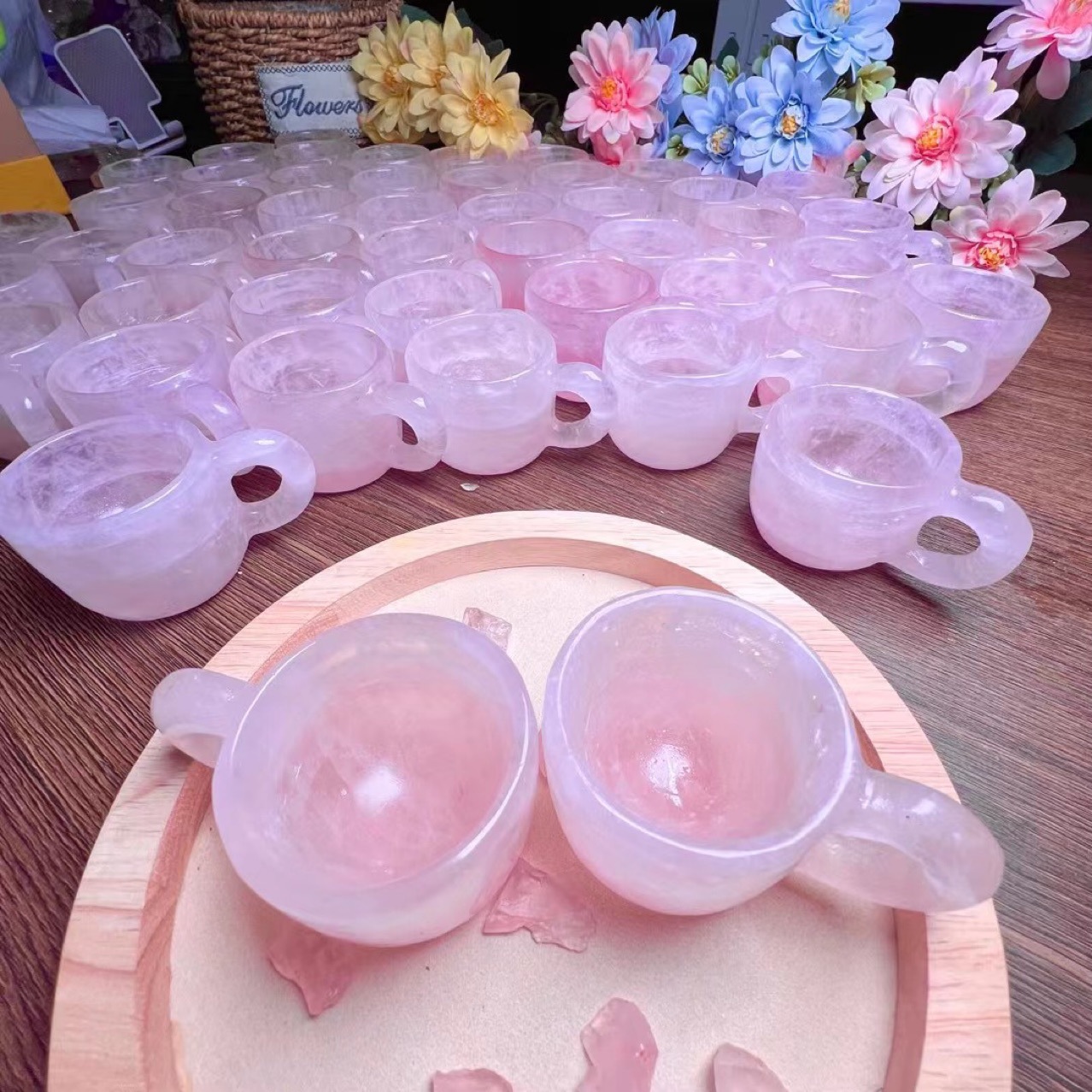 Wholesale natural healing rose quartz crystal polishing reiki gemstone mini hand carving rose crystal cup set folk crafts