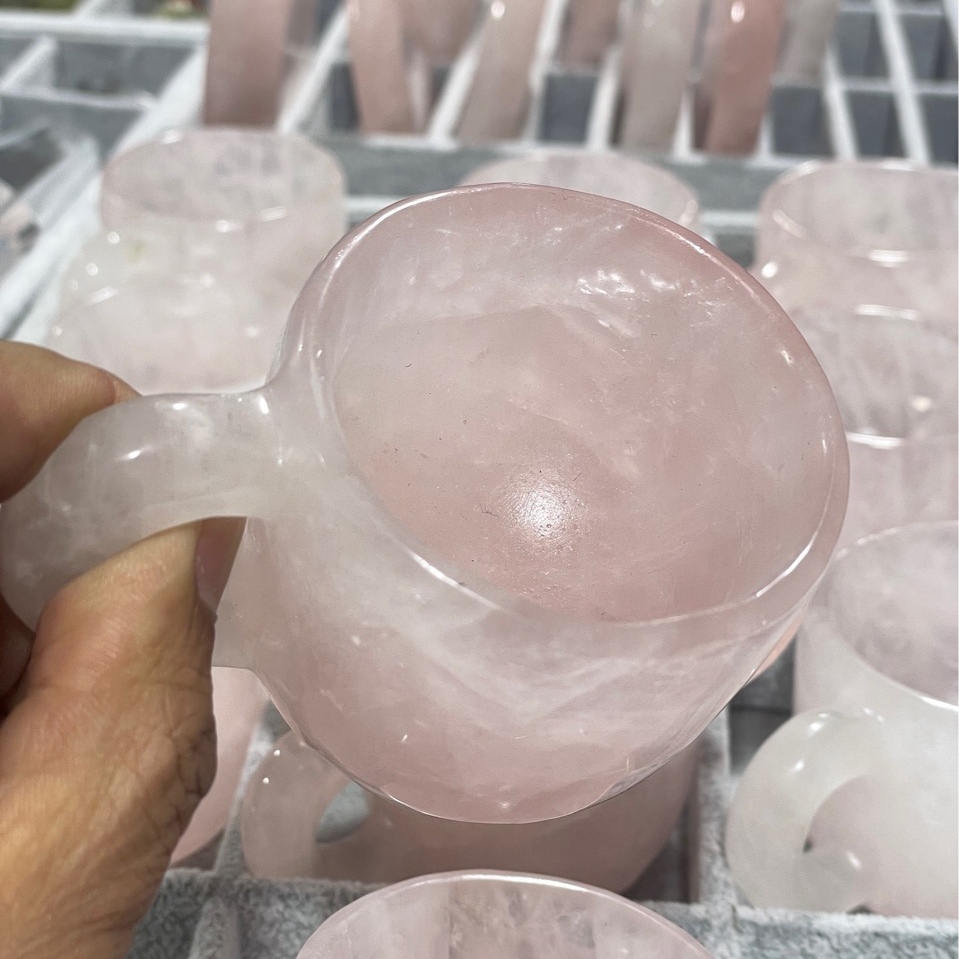 Natural healing rose quartz crystal cup high quality hand carving rose crystal cup set for home decoration