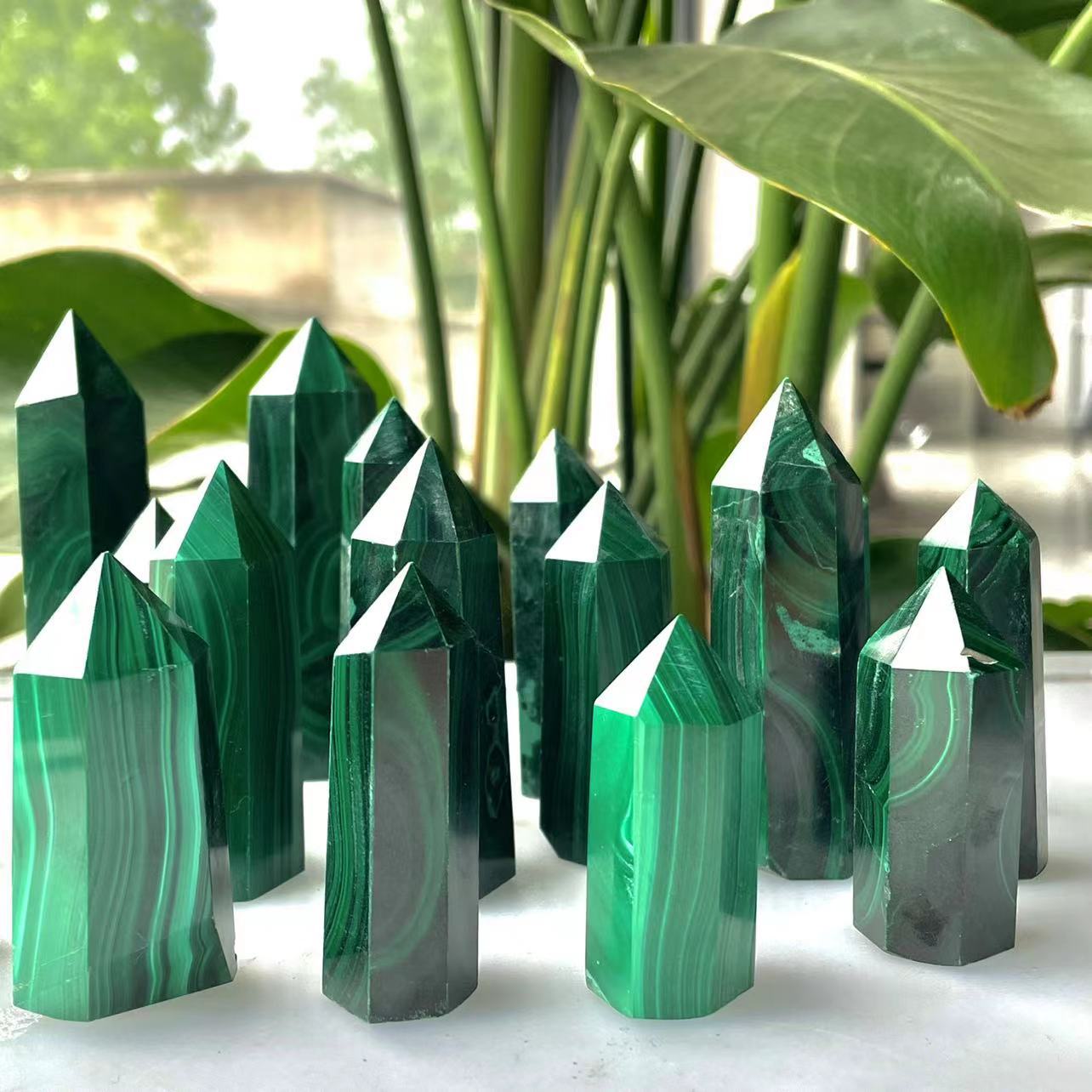 Best selling fengshui healing reiki gemstone crafts natural green malachite crystal wand point towers for decoration