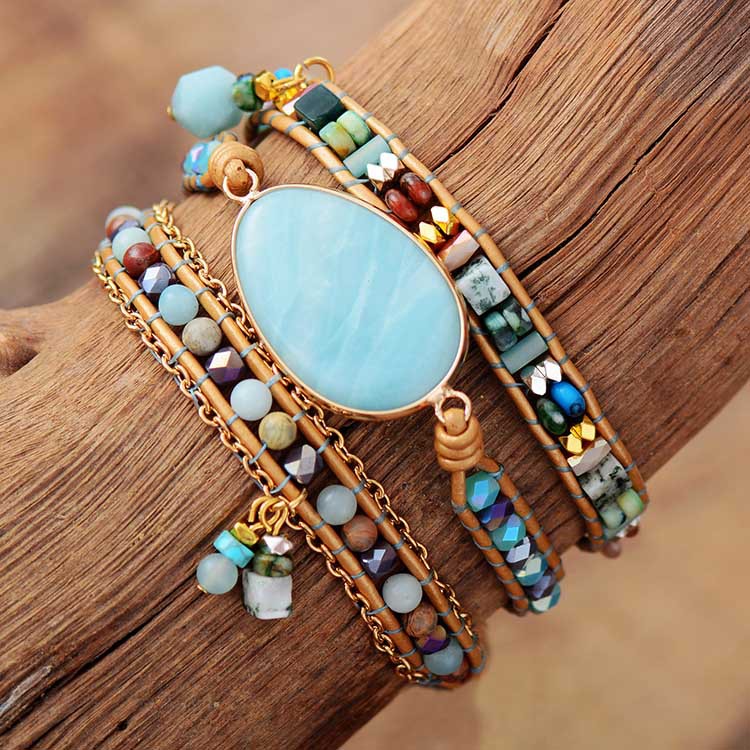 Energy healing amazonite hand-woven multilayer leather wrap colorful natural beads bracelets crystal jewelry wholesale