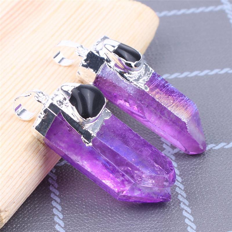 Wholesale Natural Energy Healing jewelry necklace Silver plated gemstone hexagon colorful crystal tower point pendant for gift