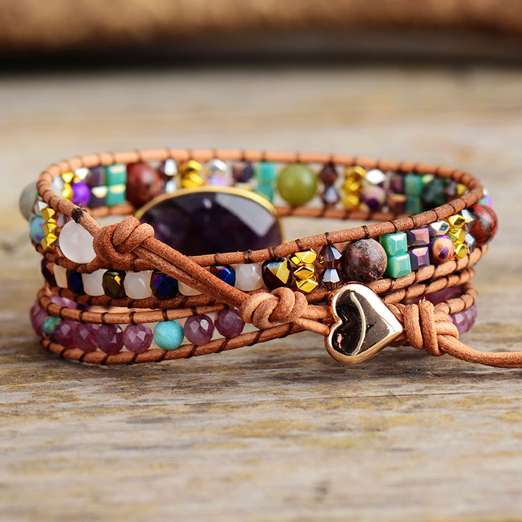 High quality wholesale hand-woven natural amethyst healing multilayer leather bohemia beaded bracelets for decoration