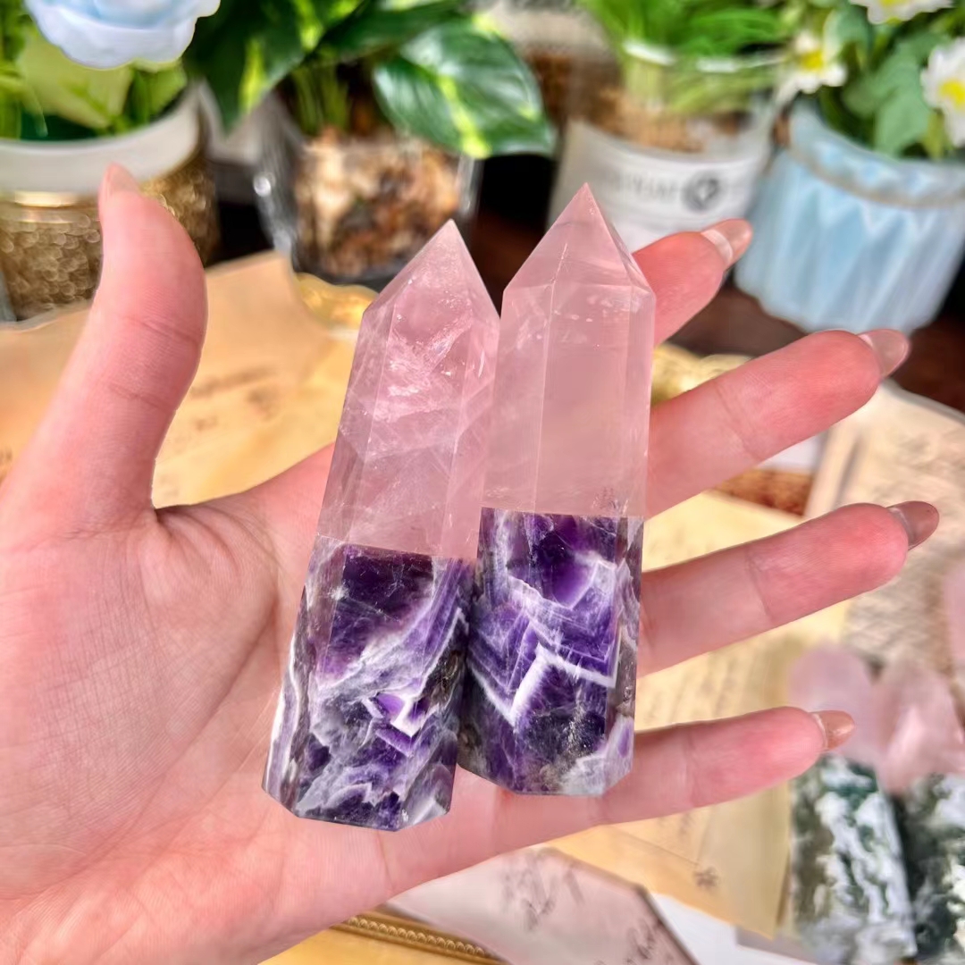 Fengshui healing crystal towers gemstone crafts natural double color stitching rose quartz crystal tower point wholesale