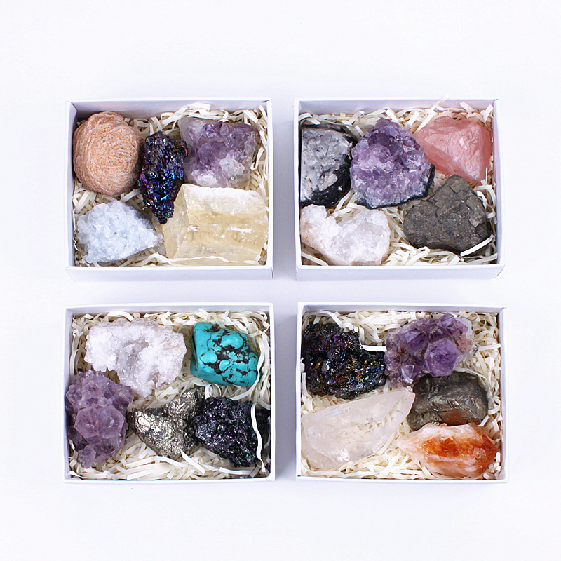 Good quality natural mineral rock crystal ore energy healing raw rough stone material teaching gift box set for sale