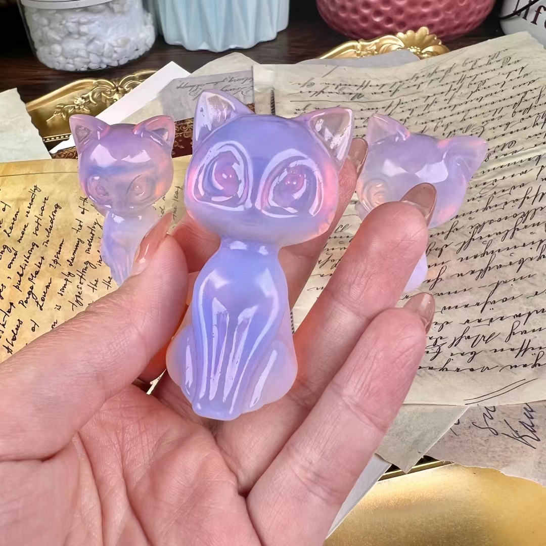 Best price hand carved crystal animal crafts natural polished mini purple opal crystal cat carving for home decoration