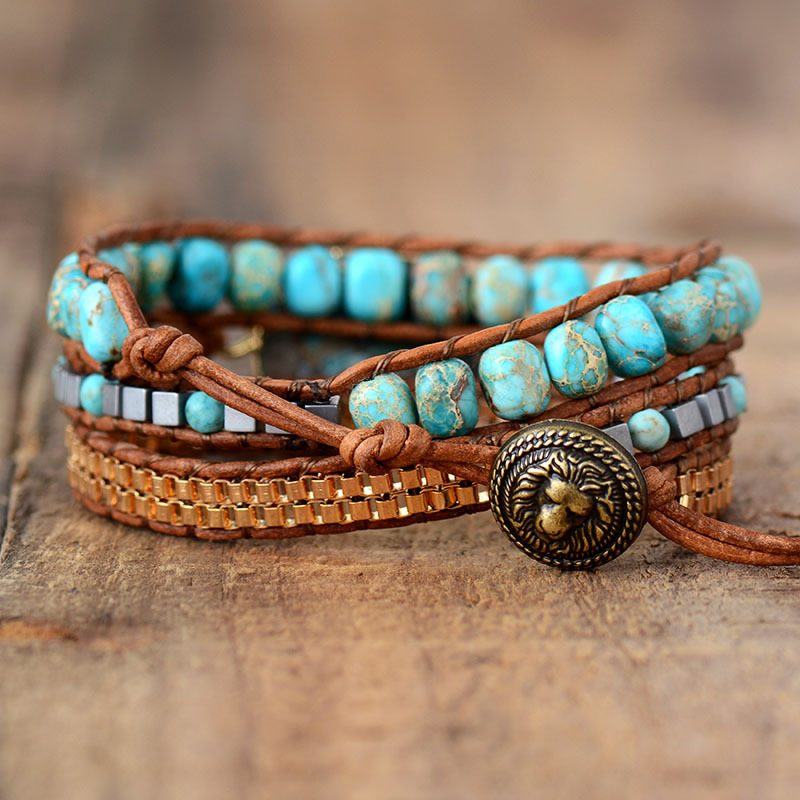 Three layer winding handmade woven leather rope bohemian beaded wind cut corner natural turquoise crystal bracelet jewelry gifts