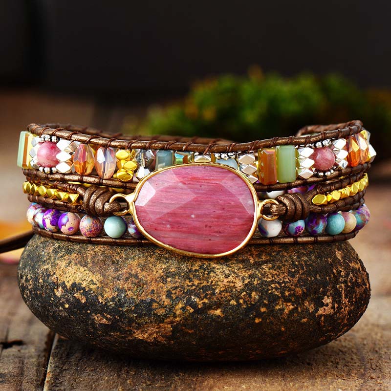 Bohemian hand woven multilayer winding leather wrap rose quartz crystal healing beads bracelet natural stone jewelry