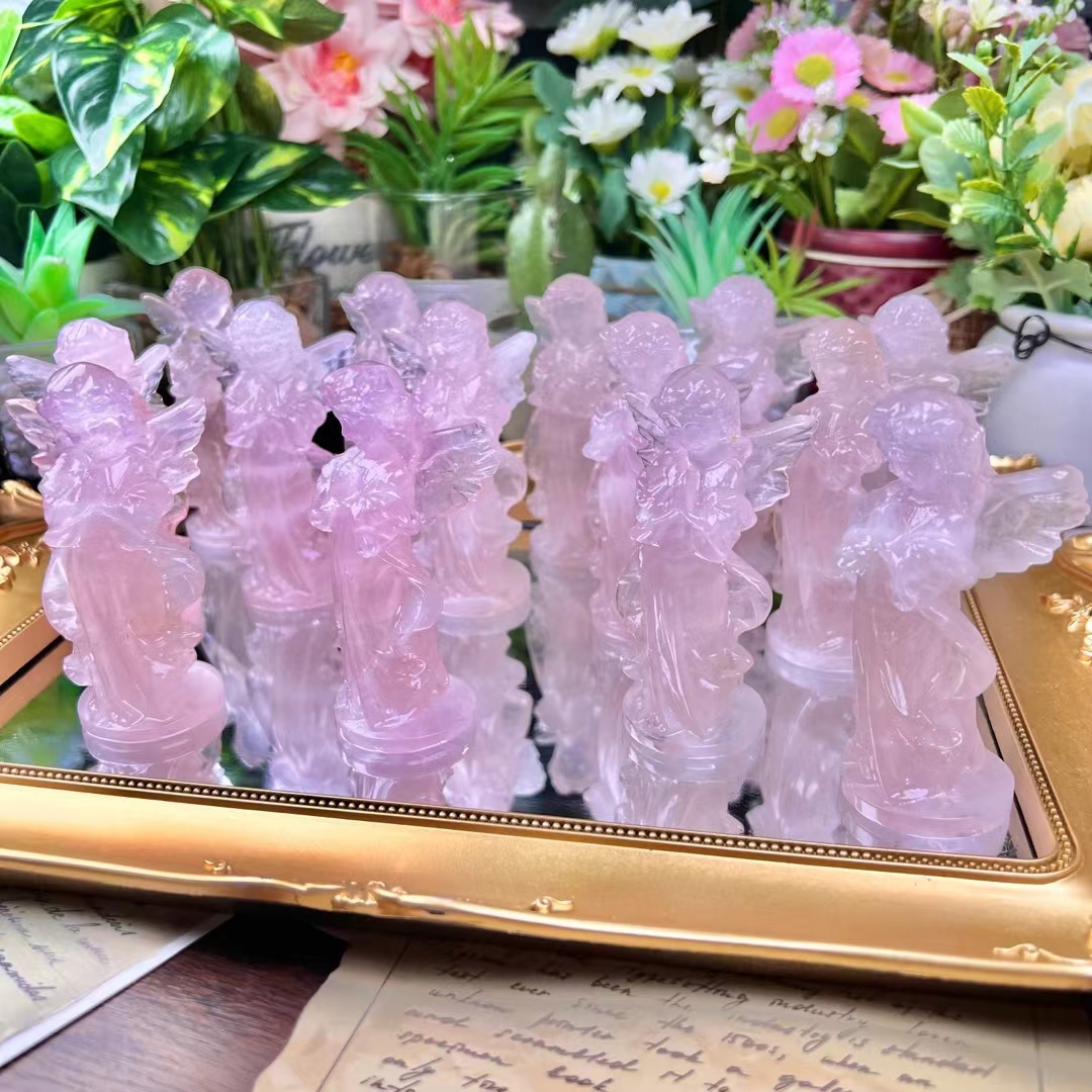 Best selling custom carved crystal angels natural 4 inches prayer angel rose crystal carving crafts for home decoration