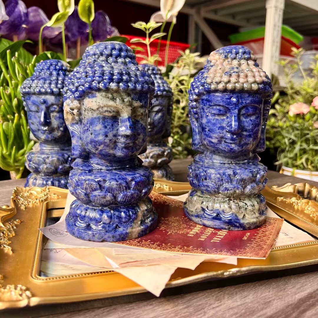 High quality natural healing 7inches blue druzy stone buddha head crystal carving folk crafts for decoration