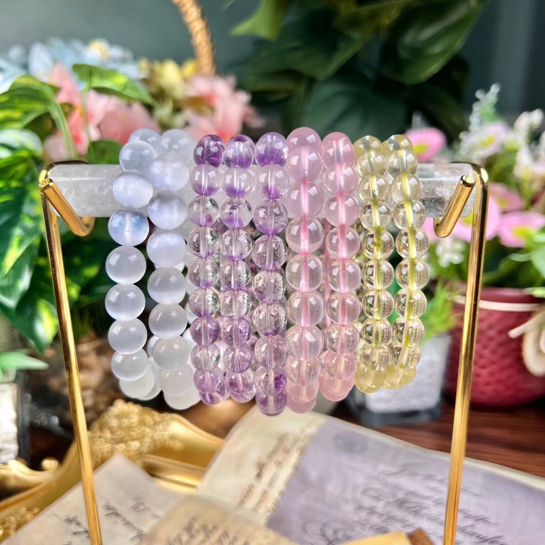 Natural high quality crystal carving gemstone polished healing rose quartz crystal bracelet metal storage rack carving crafts