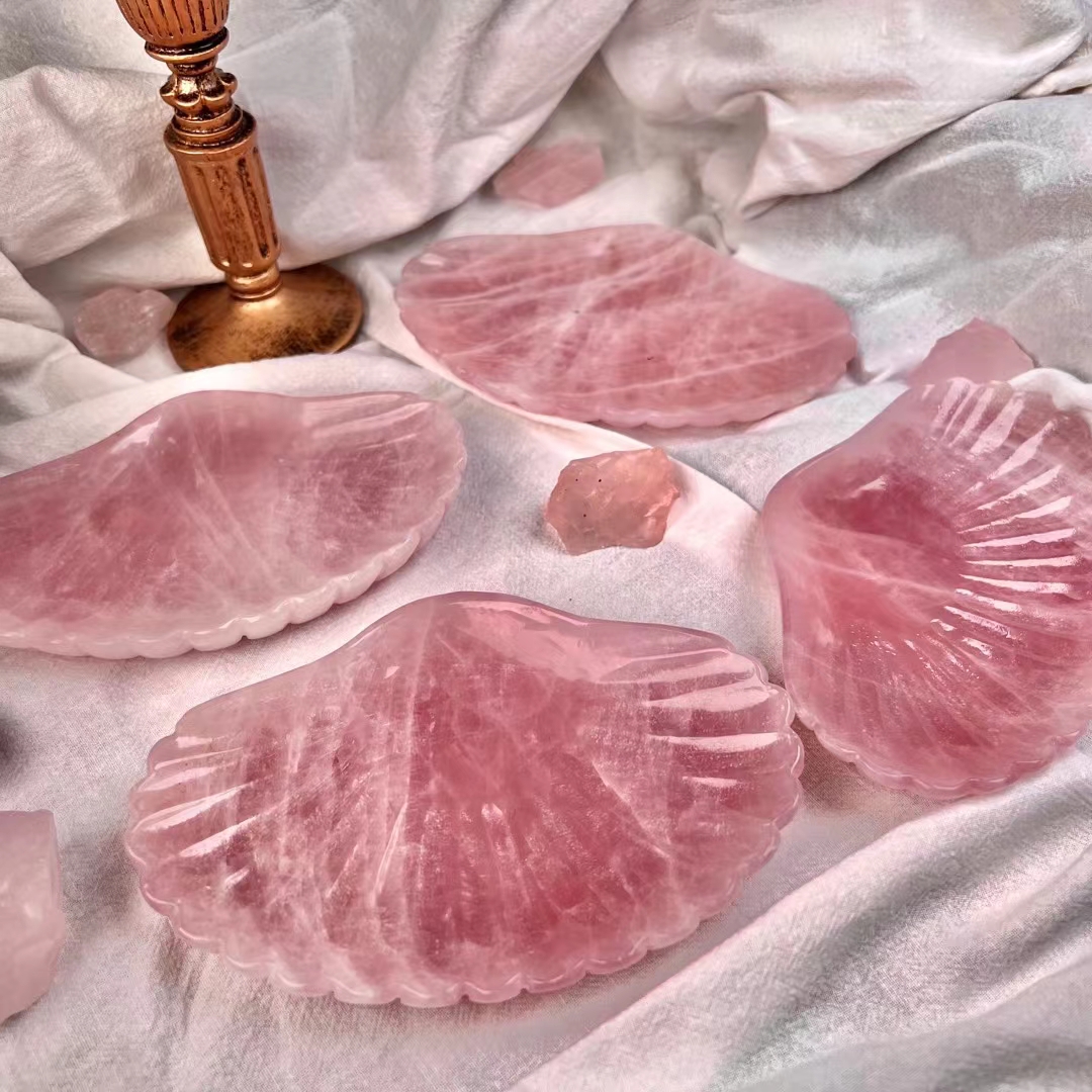 Hand carved crystal bowl gemstone wholesale natural rose carved crystal healing shell bowl furnishing articles for decoration