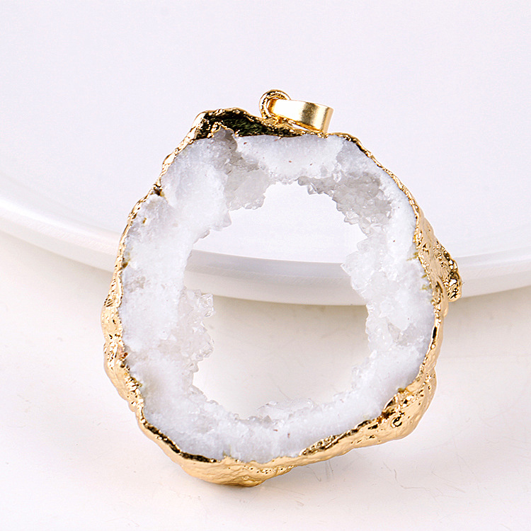 Natural Stone crystal jewelry agate slice pendant healing reiki multicolor agate geode gilded edge pendant necklace for women