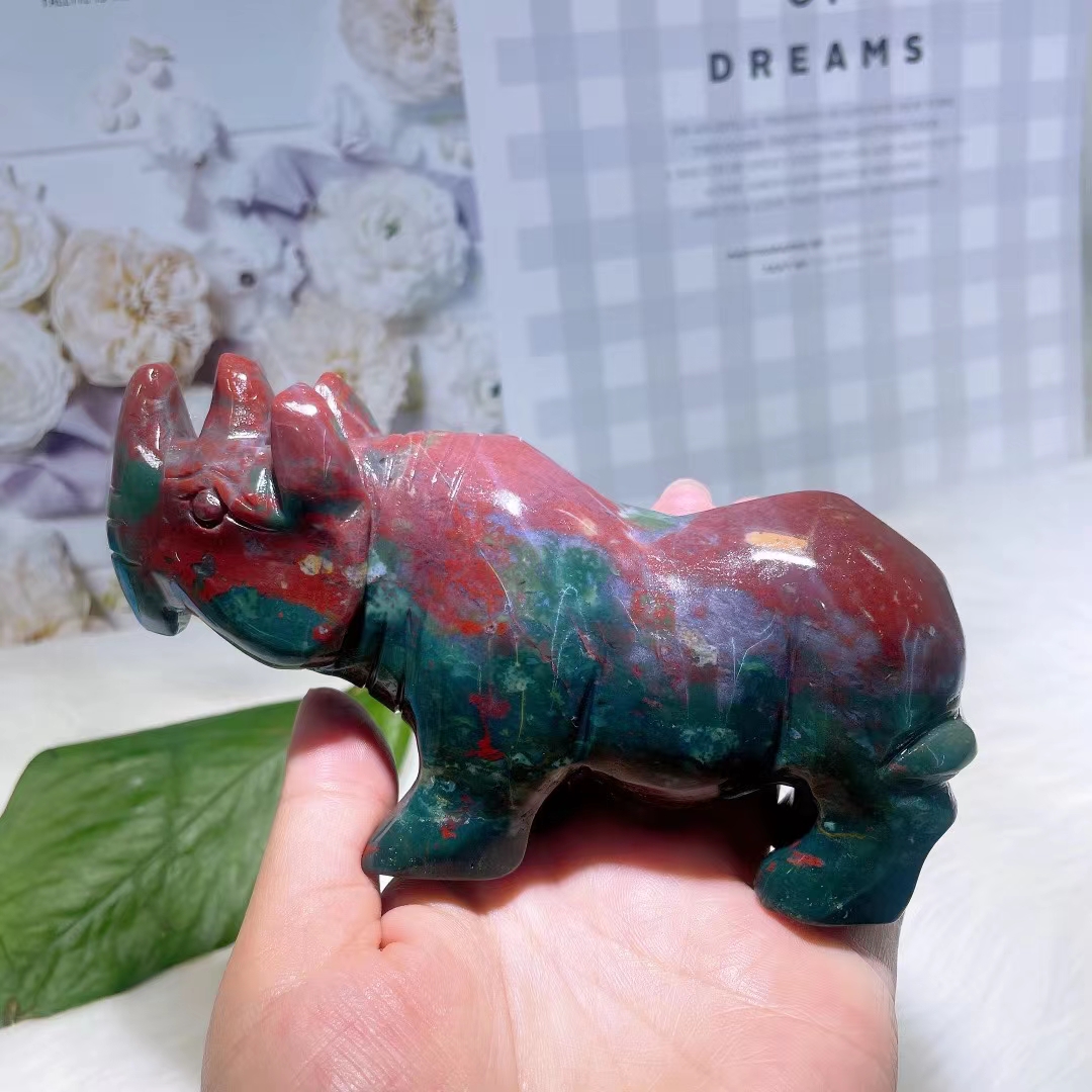 Hand carved folk crafts natural healing ocean jasper rhino animal carving crystal gemstone for decoration