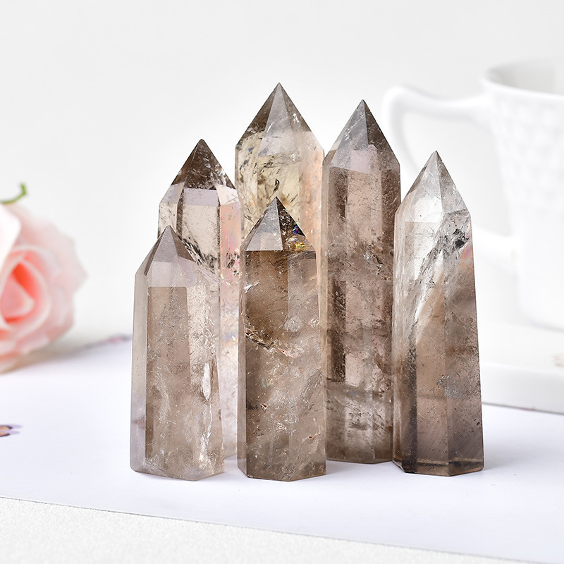 High quality crystal healing stone natural reiki black white fireworks tea crystal point tower bulk for fengshui