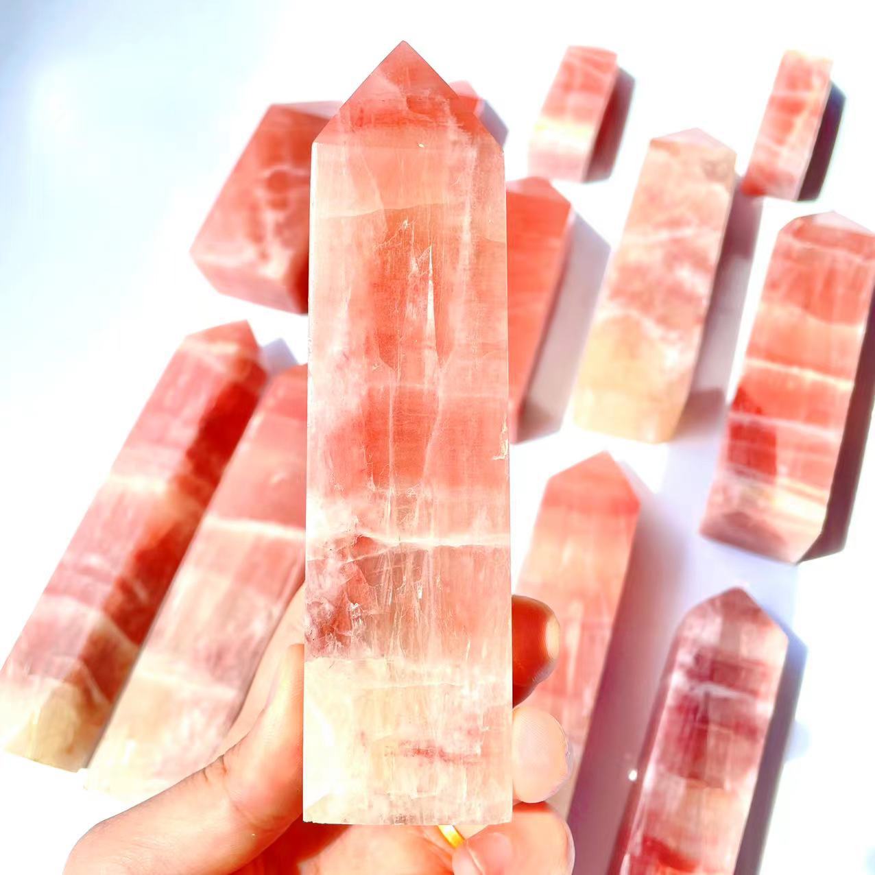 High quality natural healing folk crafts decoration polishing reiki red calcite crystal wand point tower for fengshui