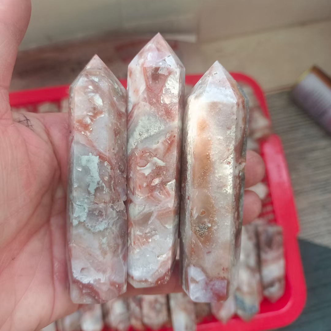 Healing reiki agate tower point folk crafts natural cherry blossom agate crystal stone towers for decoration