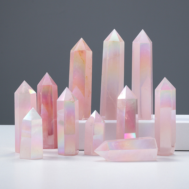 Hot sale natural crystal tower point healing polished pink plating color crystal quartz tower fengshui decoration