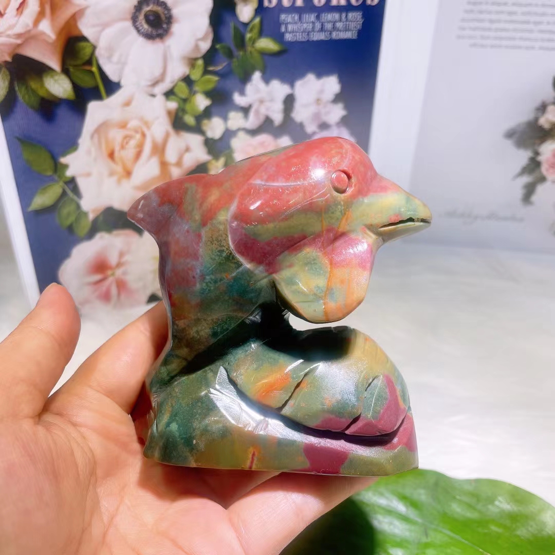 High quality healing crystal animal carving folk crafts natural marine jasper crystal carving dolphin for home decoration