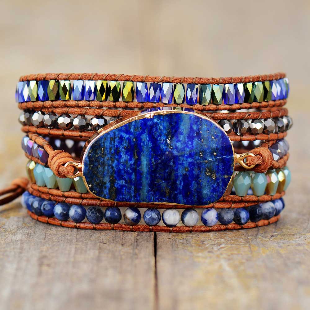 Handmade weaving natural healing lapis lazuli cowhide rope multi-layered winding beaded bracelet women jewelry for sale