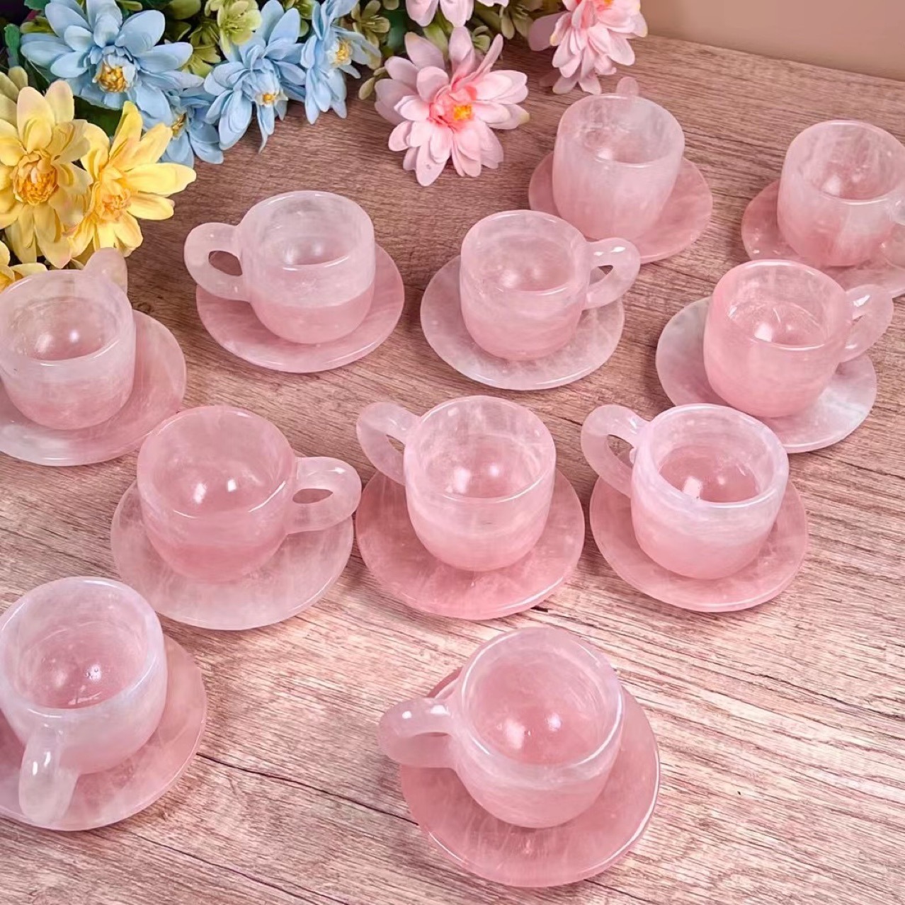 Natural healing gemstone cup carving crafts wholesale mini rose quartz crystals carvings cup set for decoration