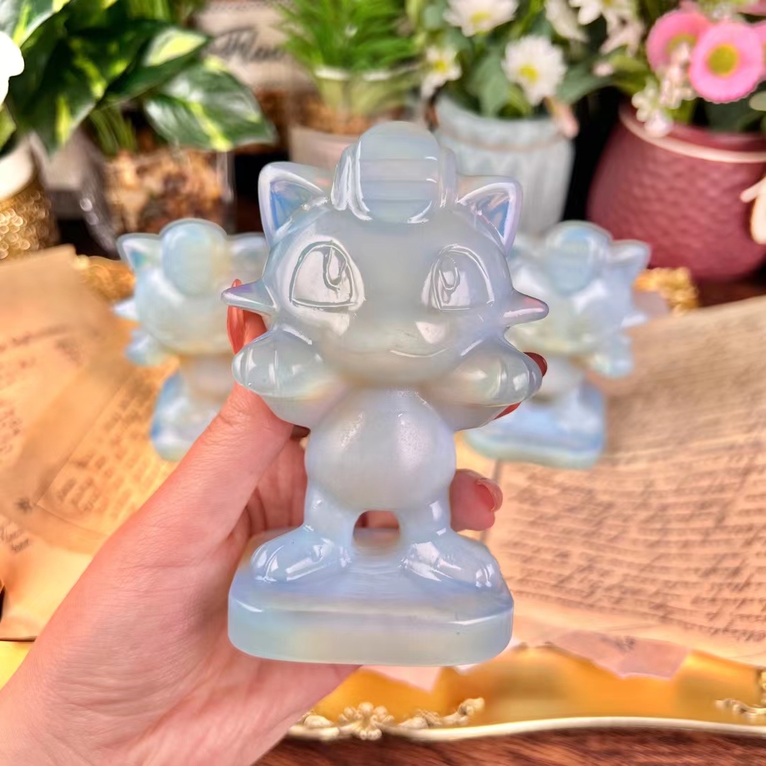 Hot sale reiki gemstone carved animals natural healing opal cartoon cat crystal carvings crafts decoration for fengshui