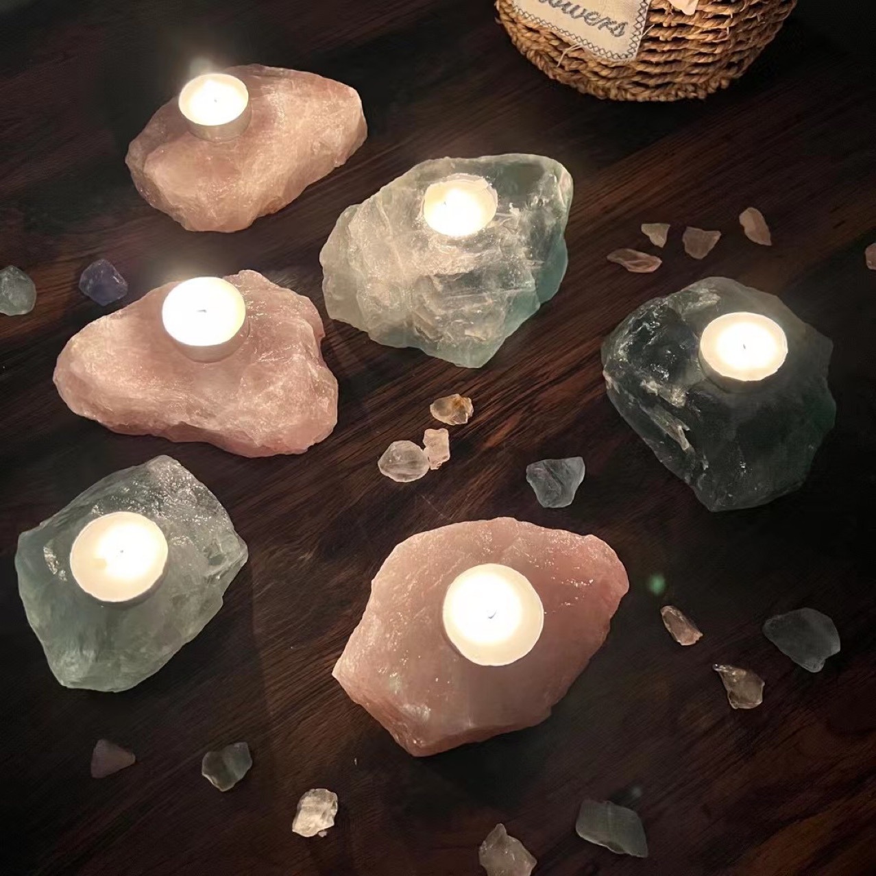 Natural healing raw crystal candle holder wholesale bulk rose quartz fluorite rough stone candle holder for decoration