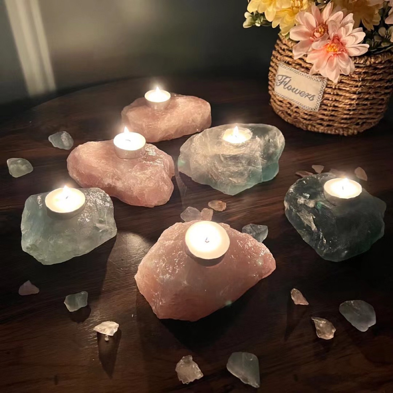 Natural healing raw crystal candle holder wholesale bulk rose quartz fluorite rough stone candle holder for decoration