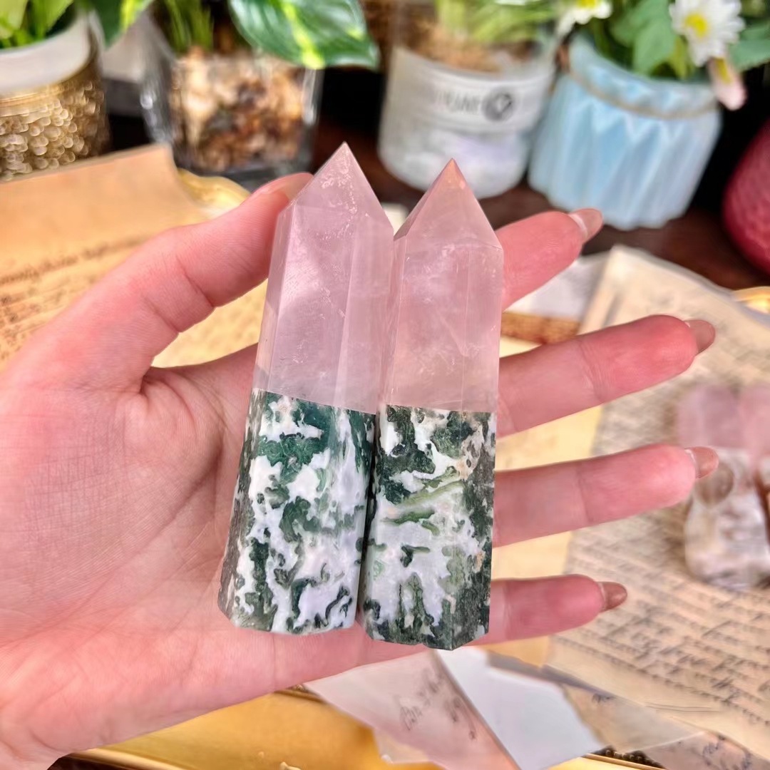 Fengshui healing crystal towers gemstone crafts natural double color stitching rose quartz crystal tower point wholesale