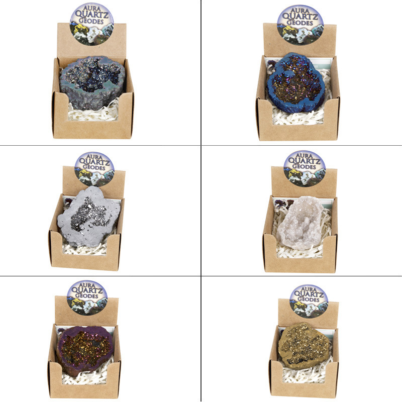 Hot sale wholesale natural geode gemstone plating color quartz agate cave crystal cluster cornucopia gift box for decoration