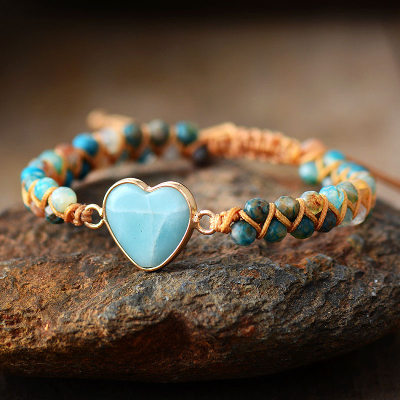 Wholesale newest adjustable amazonite heart shape double-layer hand weaving natural crystal beads bracelet jewelry for sale