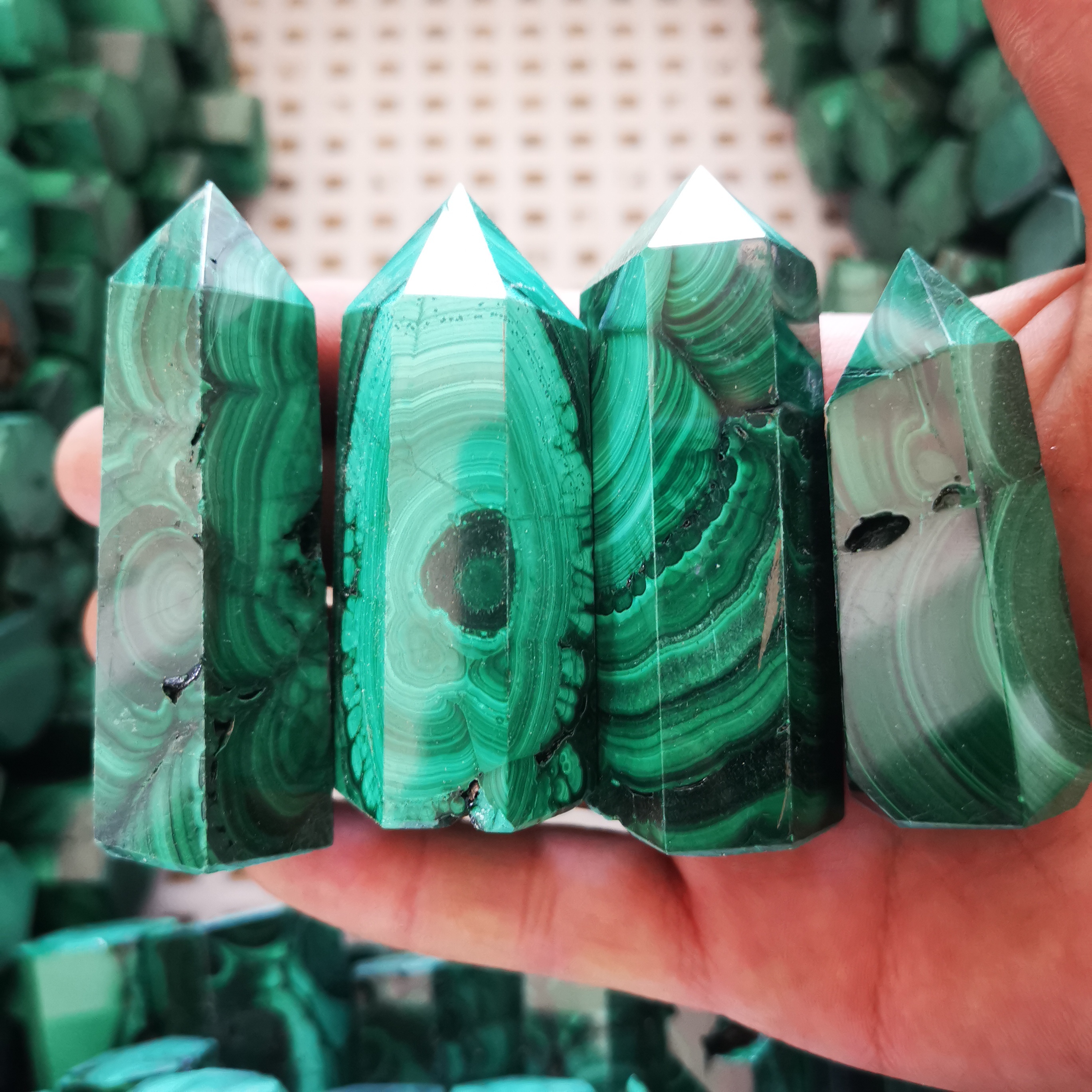 Healing reiki natural gemstone folk crafts wholesale bulk polished malachite green stone crystal tower point for decoration