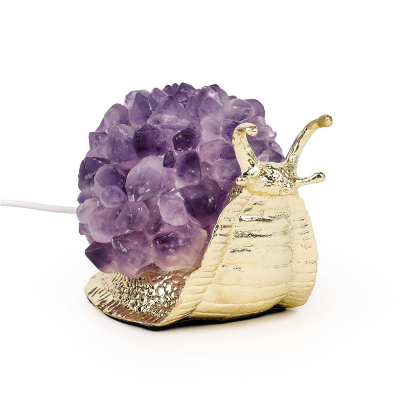 Latest creative animal snail lamp white crystal USB natural quartz amethyst cluster snail lamp crafts for home decoration