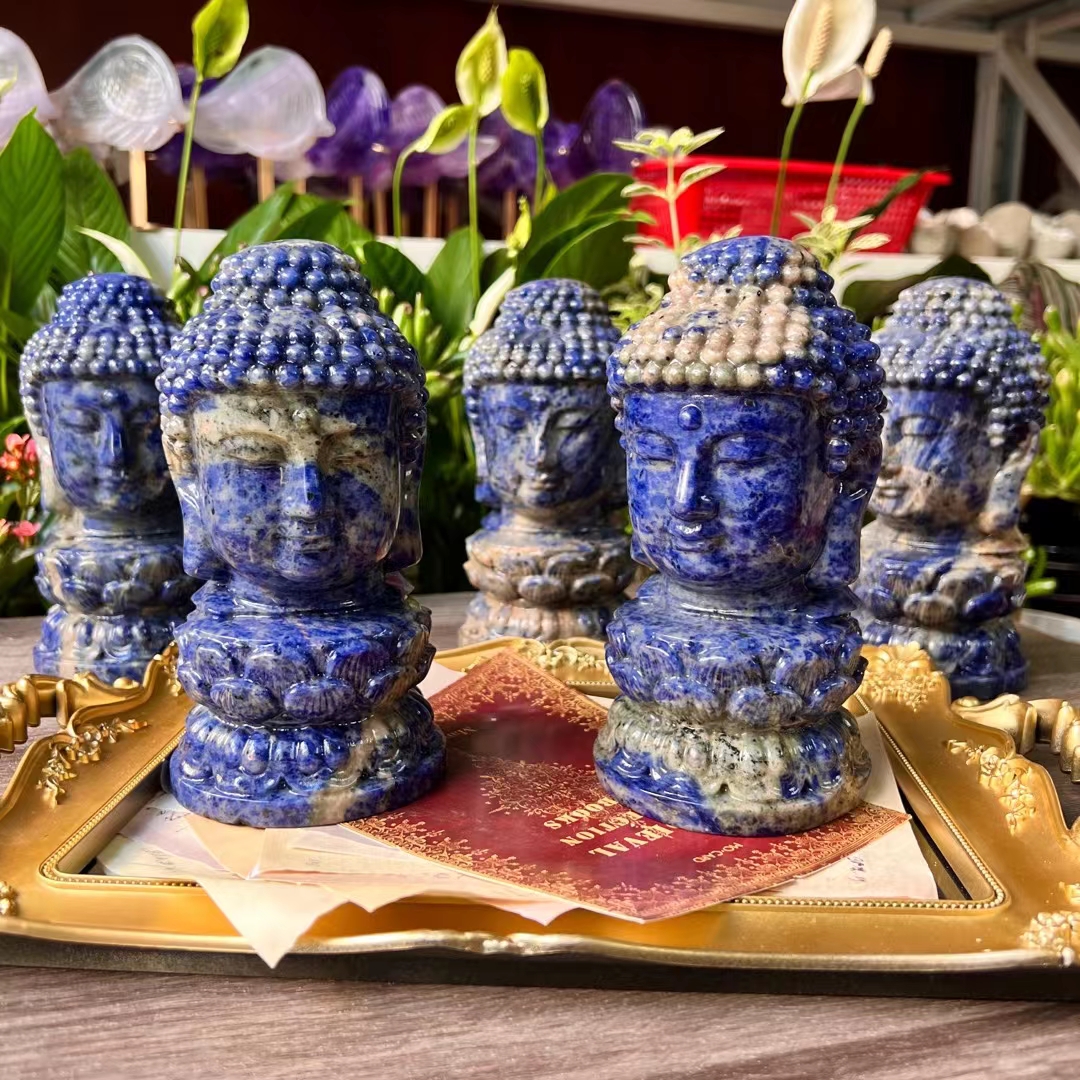 High quality natural healing 7inches blue druzy stone buddha head crystal carving folk crafts for decoration