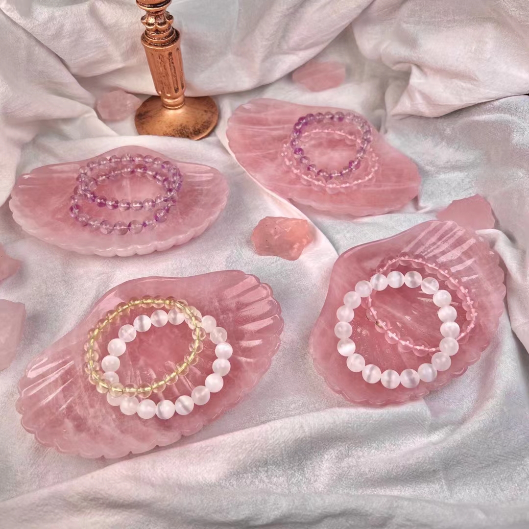 Hand carved crystal bowl gemstone wholesale natural rose carved crystal healing shell bowl furnishing articles for decoration