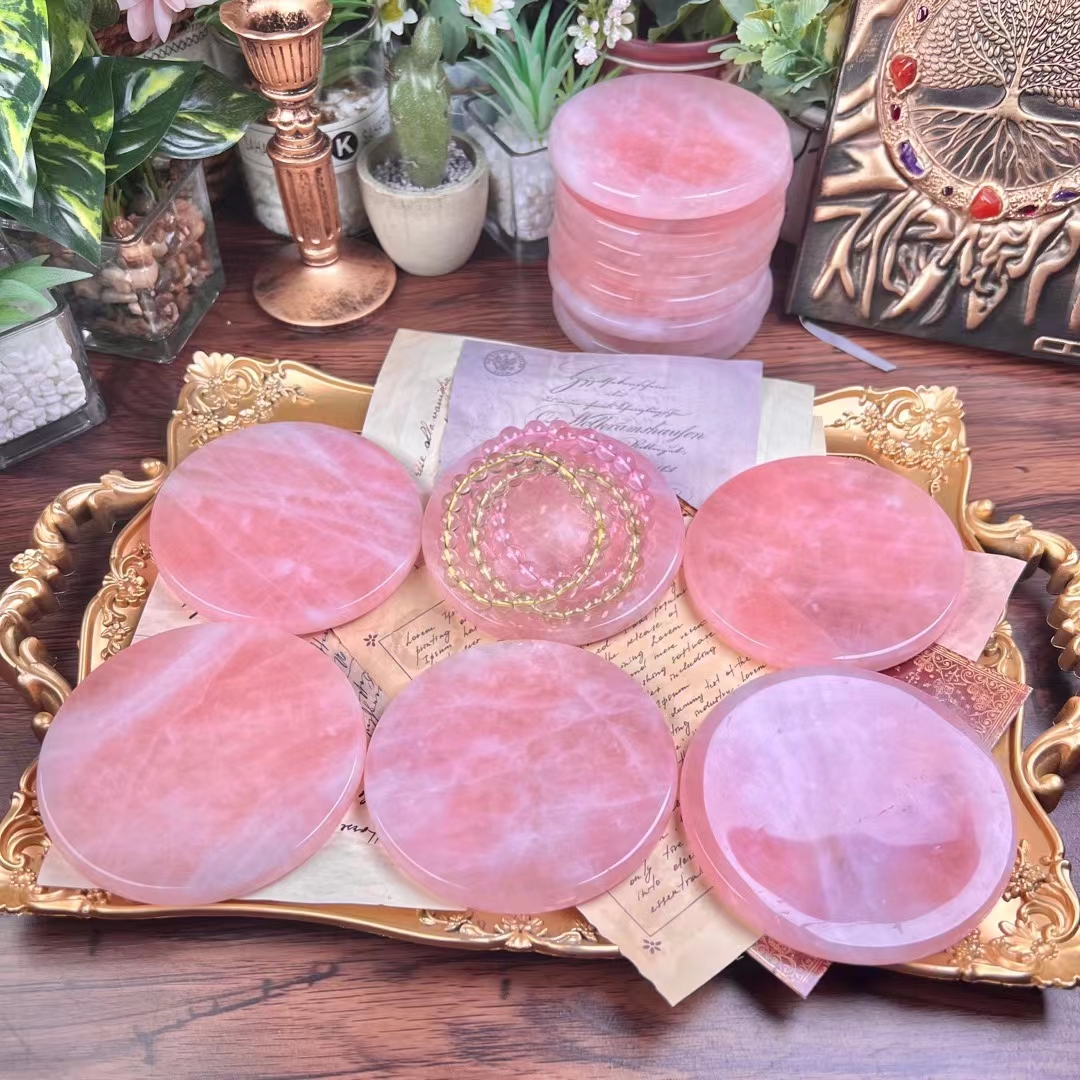 High quality natural hand carved crystal crafts polished healing quartz rose crystal stone carving round dish decoration