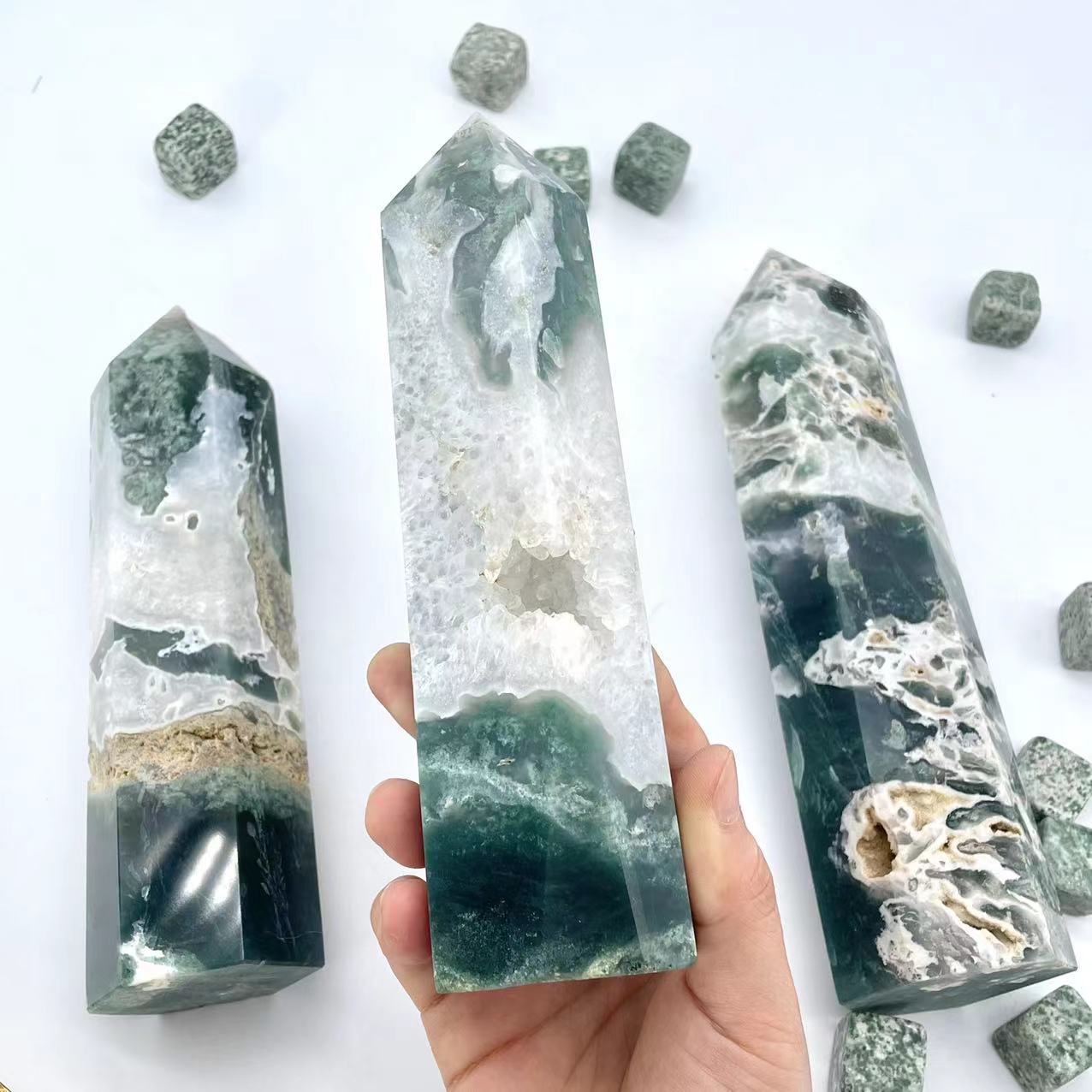 New arrivals best price healing polished natural druzy moss agate crystal point tower wand wholesale for fengshui