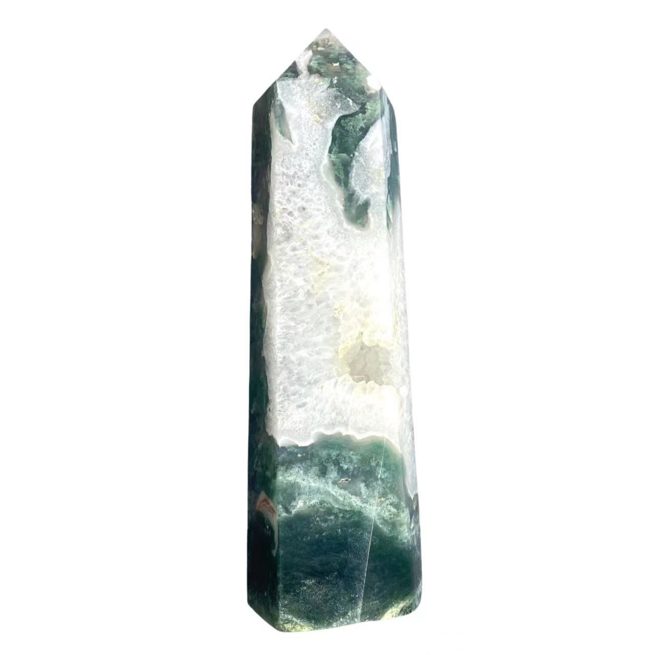 New arrivals best price healing polished natural druzy moss agate crystal point tower wand wholesale for fengshui