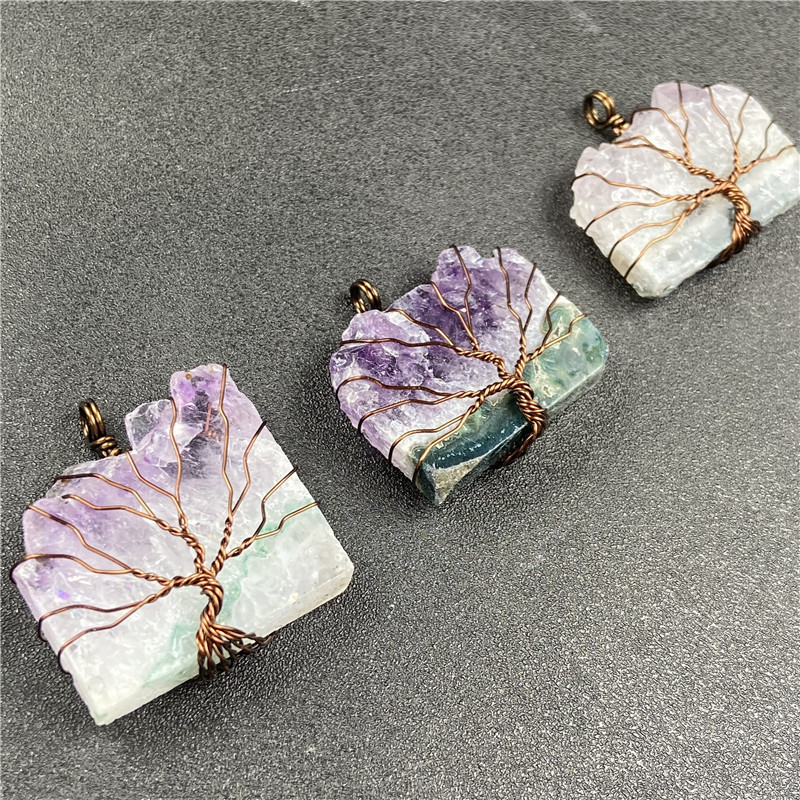 Wholesale natural irregular stone pendant healing reiki mini tree of life winding gemstone pendant for decoration