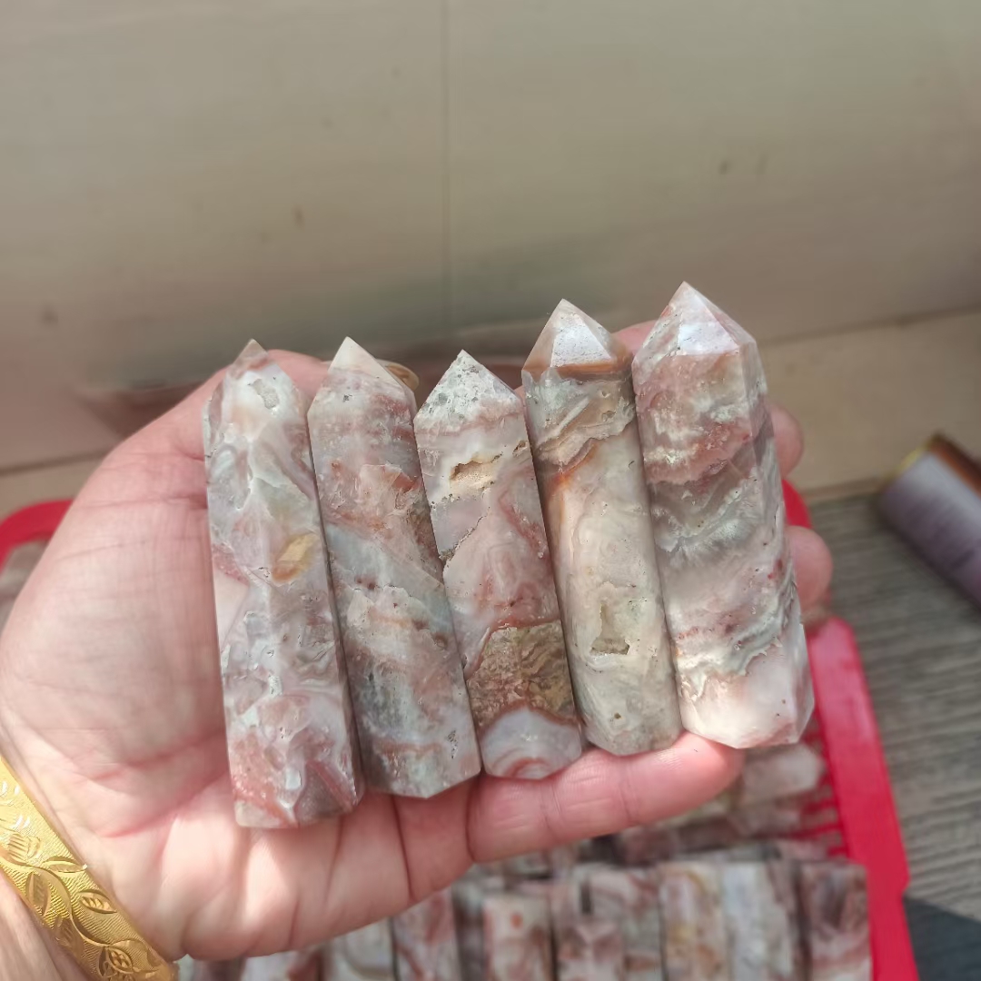 Healing reiki agate tower point folk crafts natural cherry blossom agate crystal stone towers for decoration