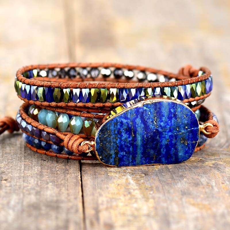 Handmade weaving natural healing lapis lazuli cowhide rope multi-layered winding beaded bracelet women jewelry for sale