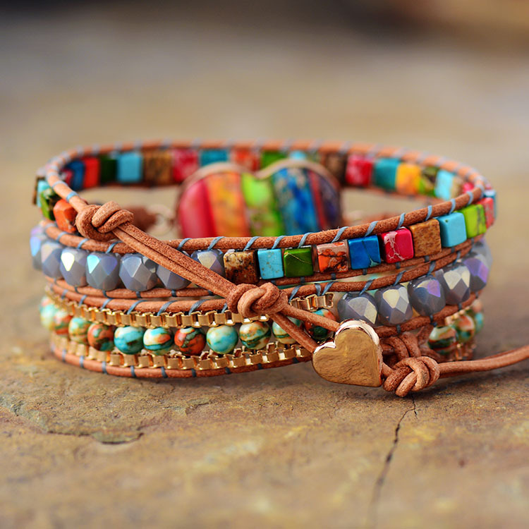 New arrival natural colorful heart-shaped emperor stone hand-woven leather wrapped multilayer beads bracelet jewelry woman