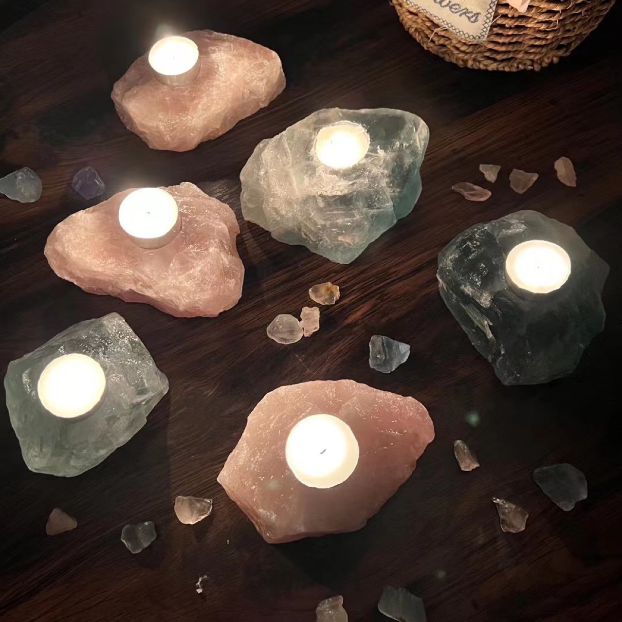 Natural healing raw crystal candle holder wholesale bulk rose quartz fluorite rough stone candle holder for decoration