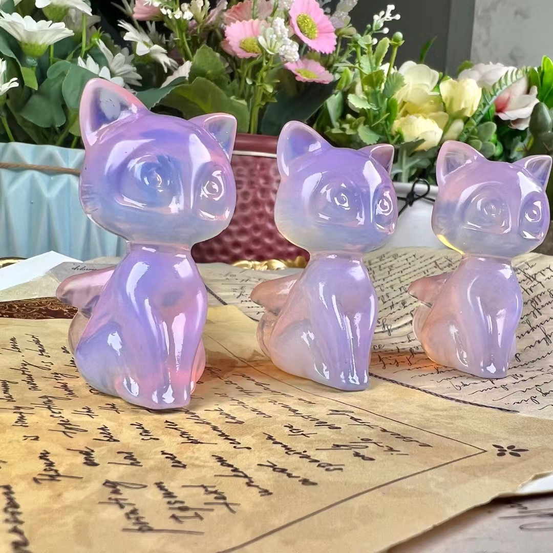 Best price hand carved crystal animal crafts natural polished mini purple opal crystal cat carving for home decoration