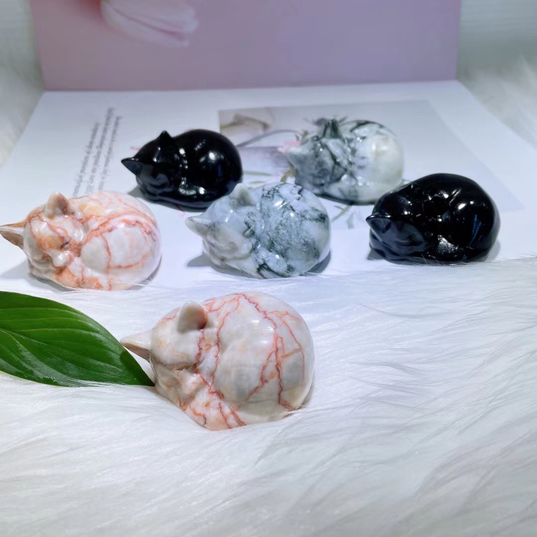 Best selling natural crystal animal carved crafts polished healing sleeping cat carving crystal gemstone for decoration