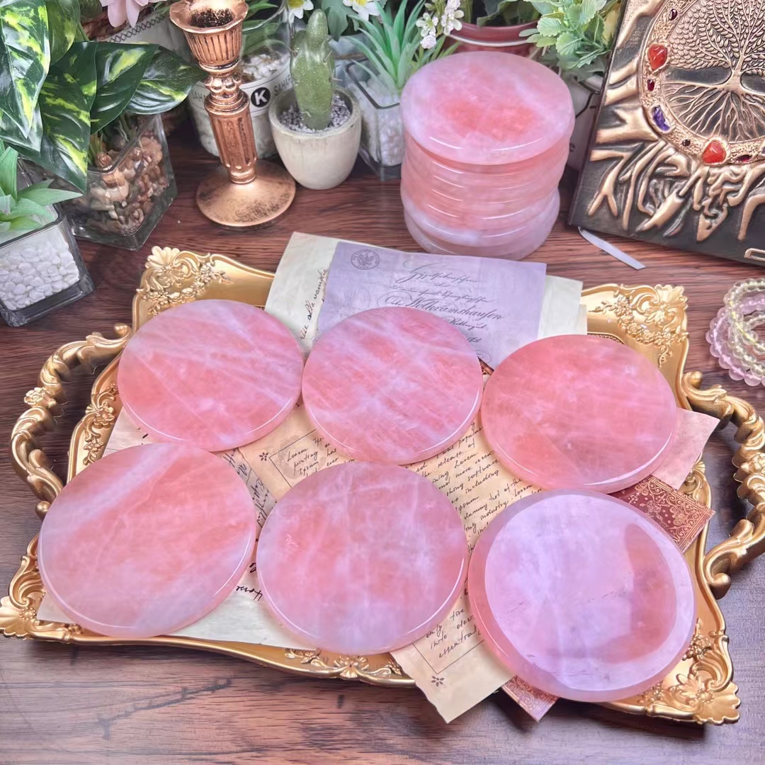 High quality natural hand carved crystal crafts polished healing quartz rose crystal stone carving round dish decoration