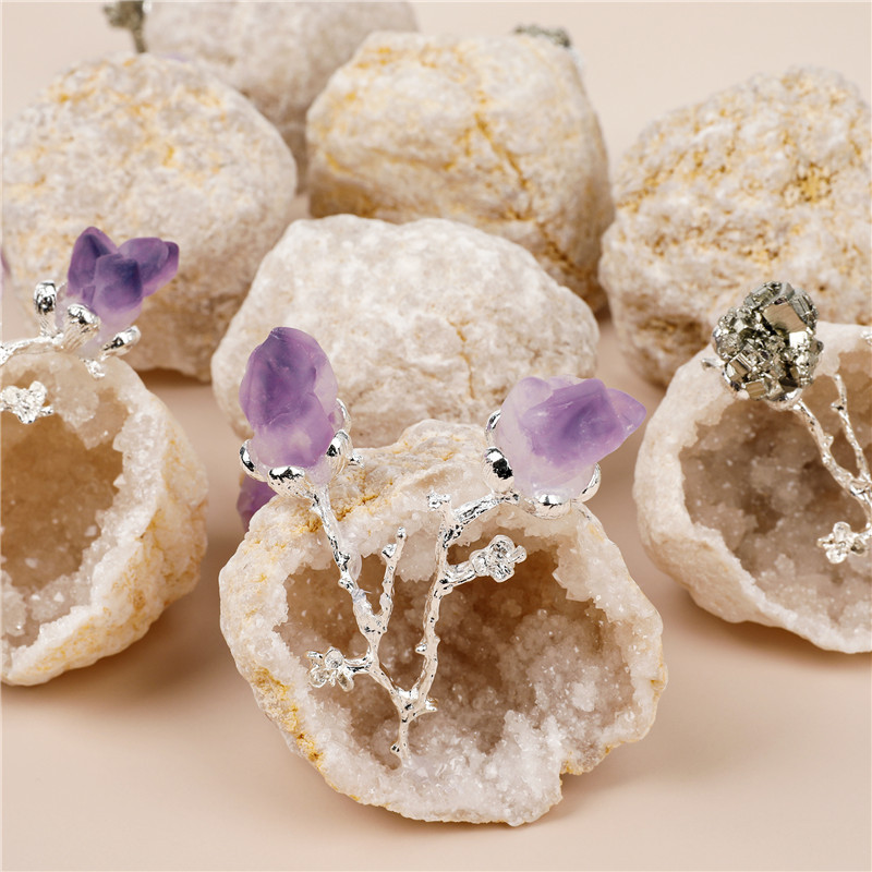 Natural healing reiki wholesale hollow agate crystal cluster cave inlaid with silver flower branch for decoration crafts