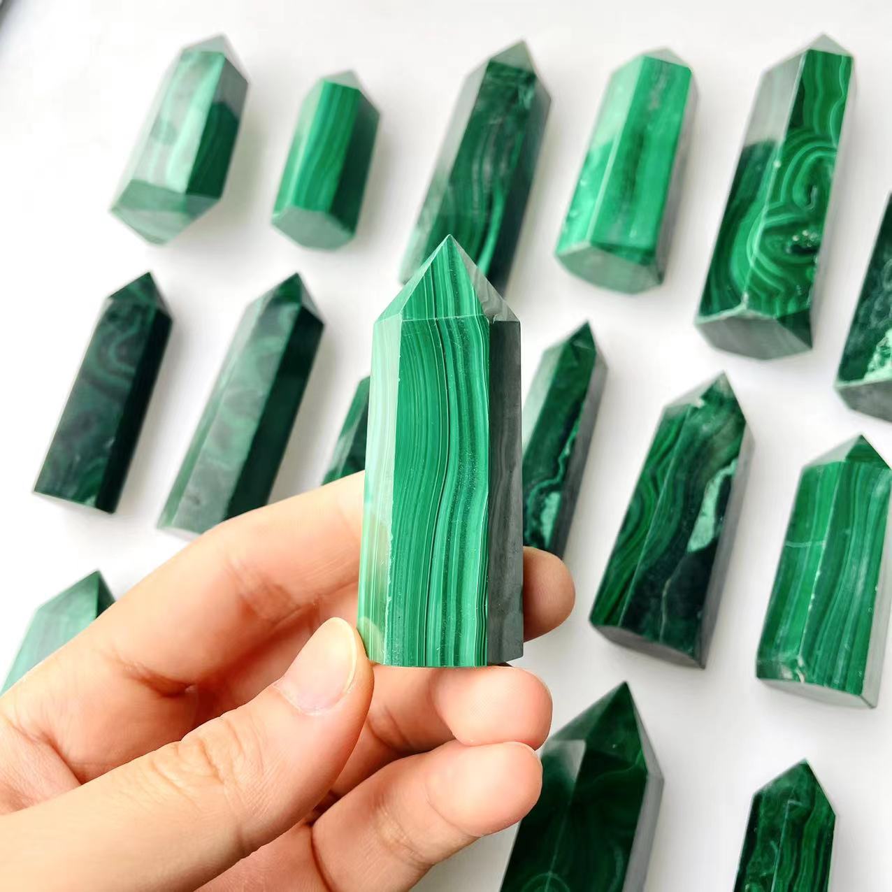 Best selling fengshui healing reiki gemstone crafts natural green malachite crystal wand point towers for decoration