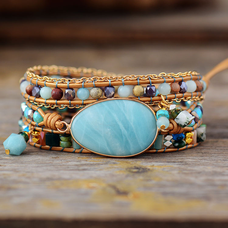 Energy healing amazonite hand-woven multilayer leather wrap colorful natural beads bracelets crystal jewelry wholesale